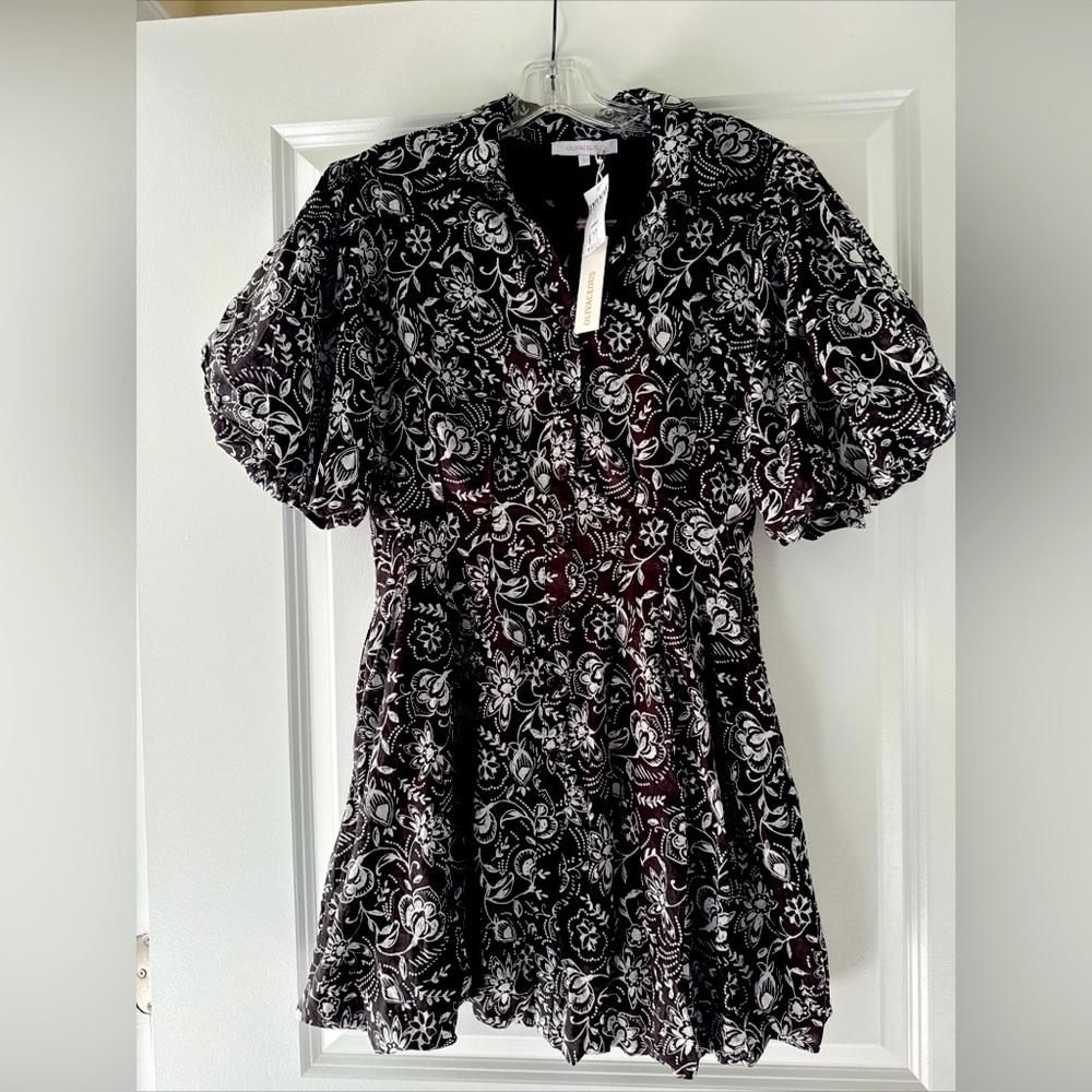 NEW Olivaceous Brown Floral Dress Button Up Bubble Sleeve & Lining. Size Large